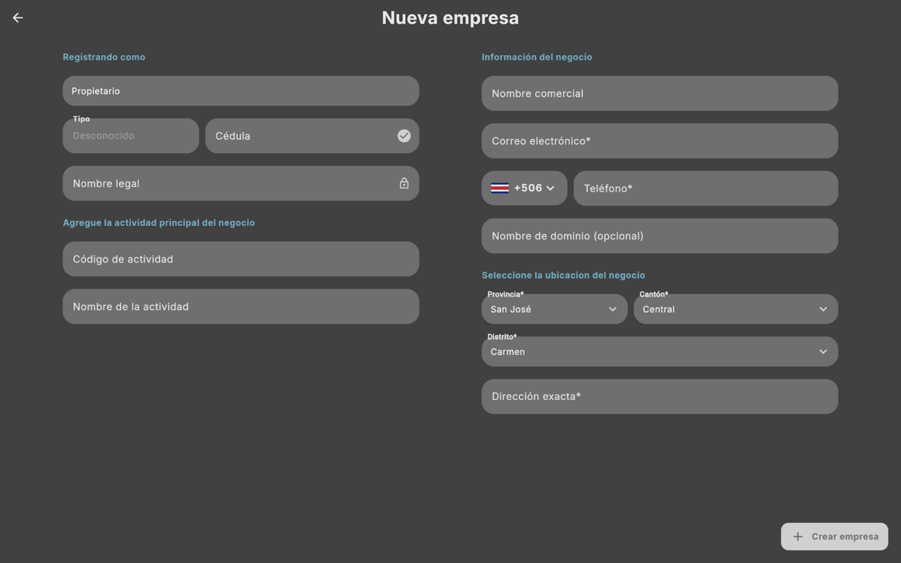 Formulario Nueva empresa - Escritorio (tema oscuro)