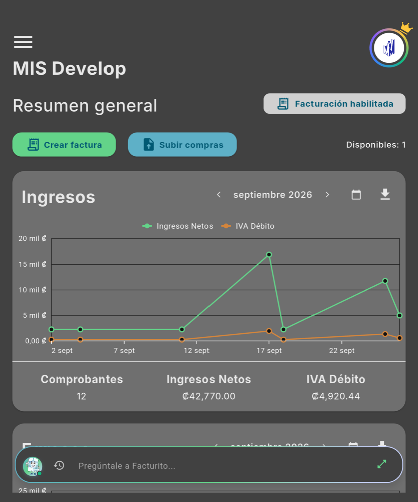 Inicio de MIS Develop - Tablet (tema oscuro)