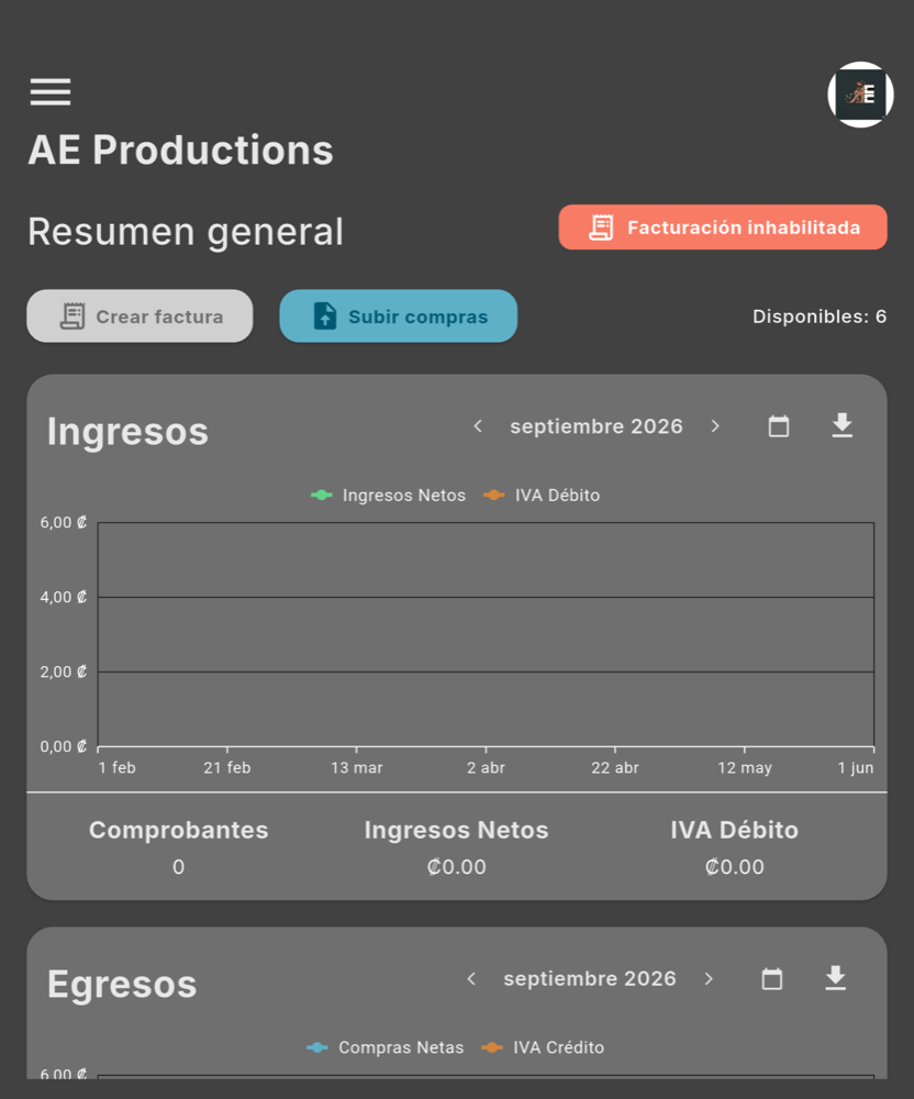 Sin credenciales, Inicio muestra Facturación inhabilitada - Tablet (tema oscuro)