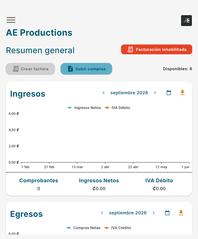 Sin credenciales, Inicio muestra Facturación inhabilitada - Tablet
