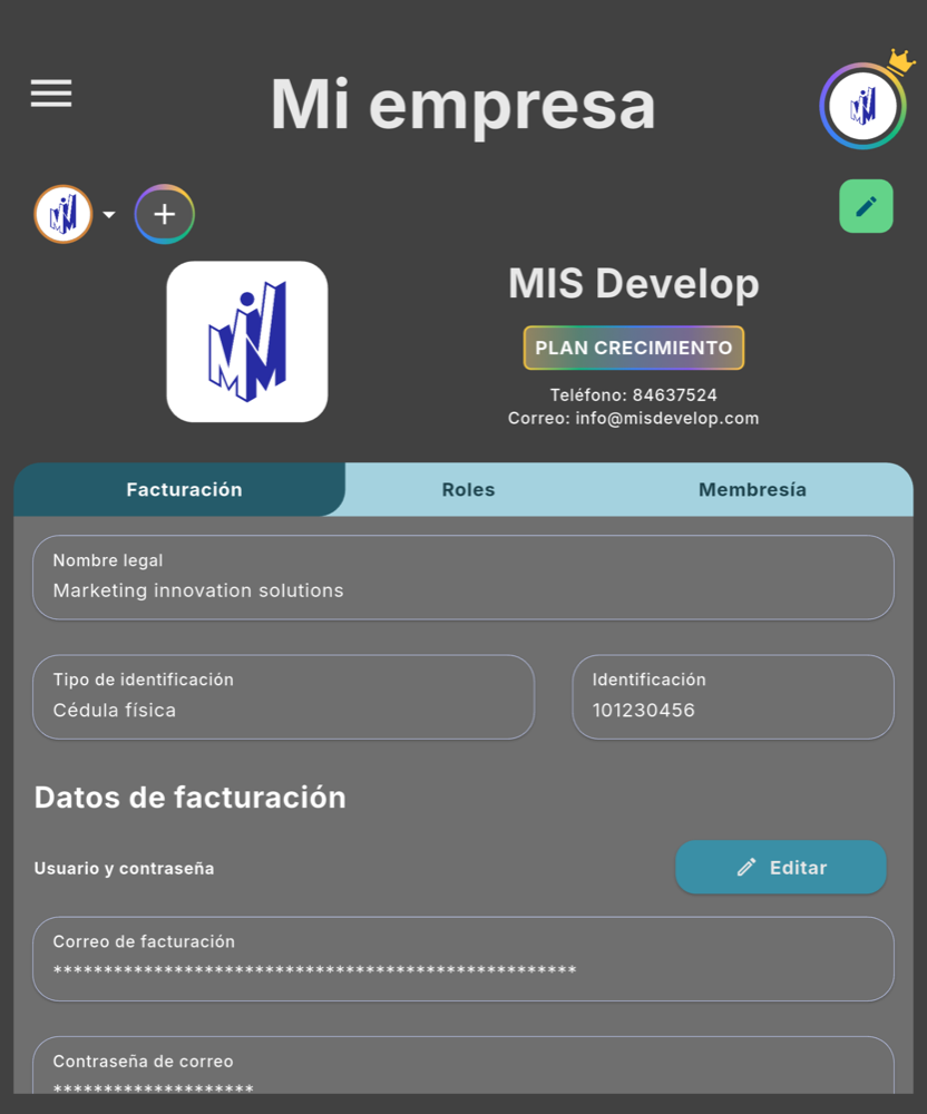 Negocio › Facturación con las credenciales cargadas - Tablet (tema oscuro)